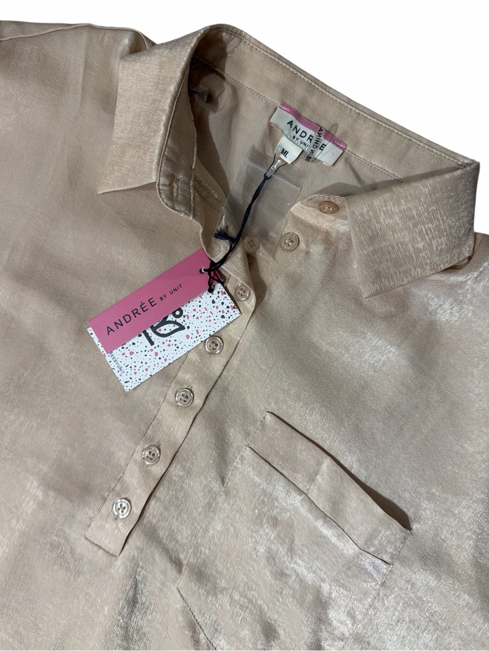 ANDREE BY UNIT NWT Shimmery Beige-Tan Button Polo